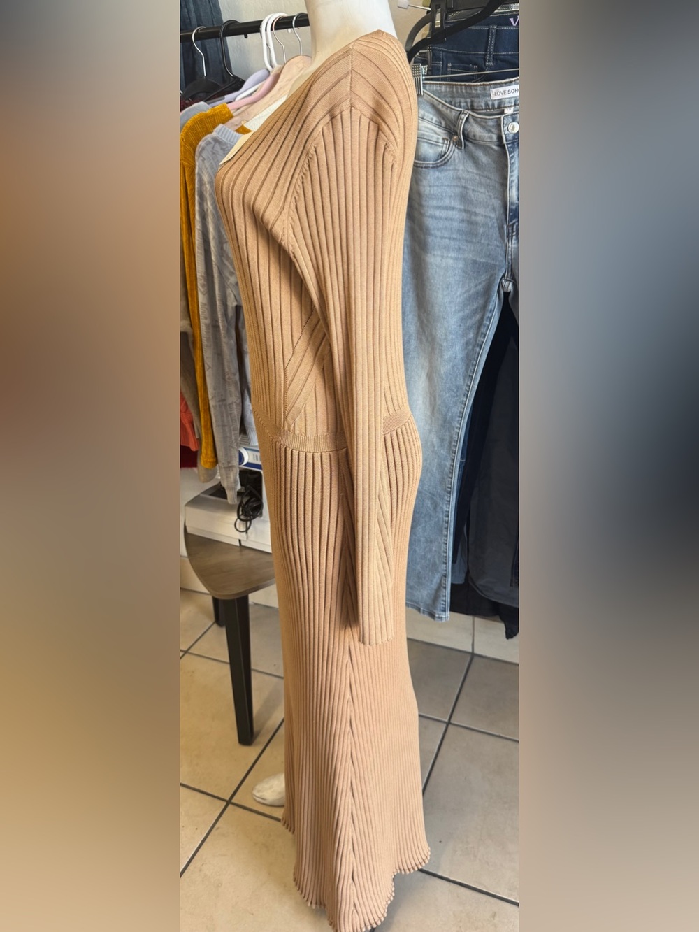 Express Camel Ribbed Long Sleeve Maxi Dress - Picture 5 of 7